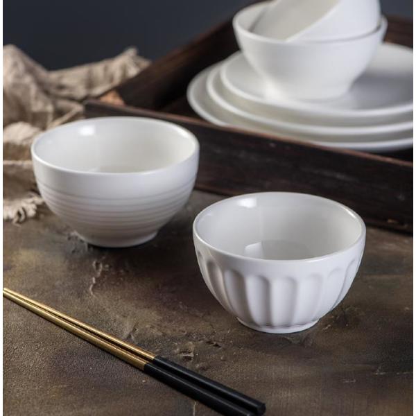 Striped pure white round ceramic rice bowl  MU0239