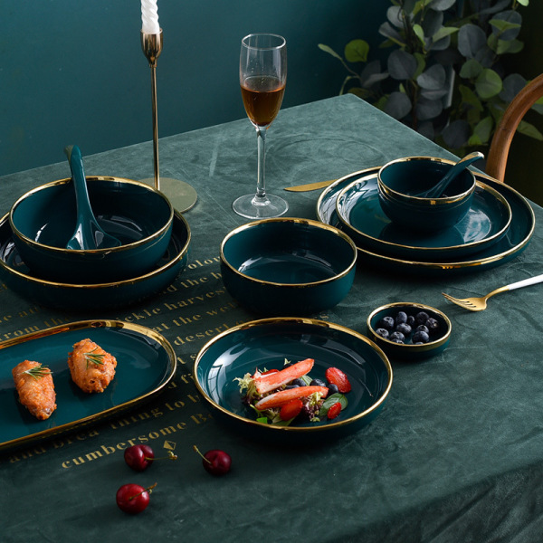 Dark green golden rim ceramic tableware 2020